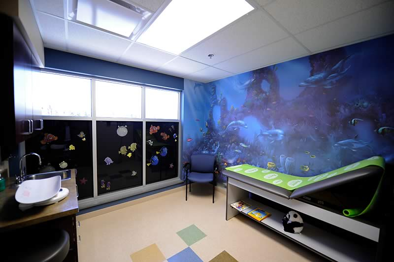 A room with a blue wall and a large window.